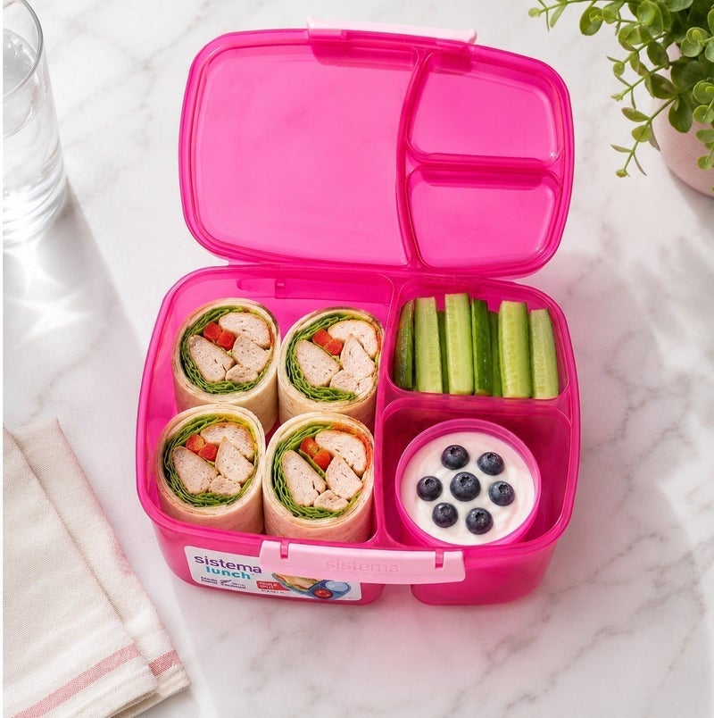 Sistema Triple Split Lunch Box with Yogurt Pot 2L Pink, BPA Free Compartment Lunch Container for Meal Prep, Salad, Snacks & School or Office Lunch Storage, Made in New Zealand - Image 4