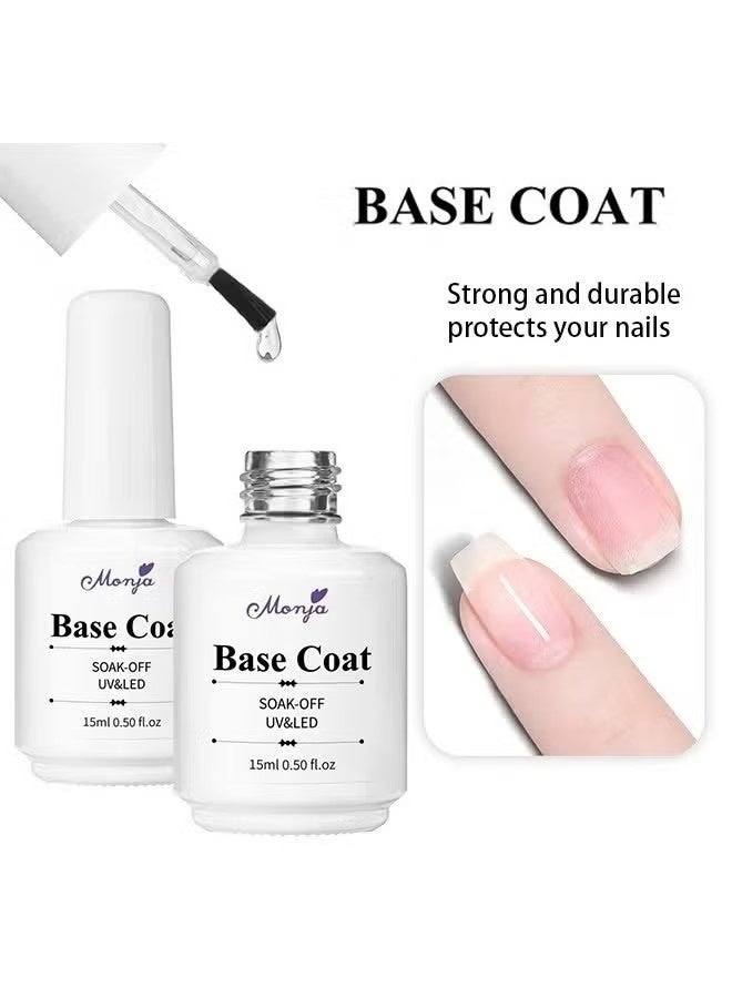 Monja Base Coat & Top Coat Set, UV LED Gel Polish, Glossy Shine Finish Long Lasting Gel Polish Base Art Starter Manicure Salon DIY At Home (15ml+15ml) - Image 3