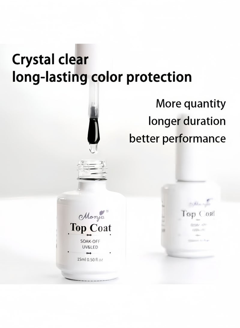 Monja Base Coat & Top Coat Set, UV LED Gel Polish, Glossy Shine Finish Long Lasting Gel Polish Base Art Starter Manicure Salon DIY At Home (15ml+15ml) - Image 4