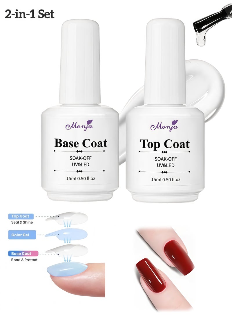 Monja Base Coat & Top Coat Set, UV LED Gel Polish, Glossy Shine Finish Long Lasting Gel Polish Base Art Starter Manicure Salon DIY At Home (15ml+15ml) - Image 1