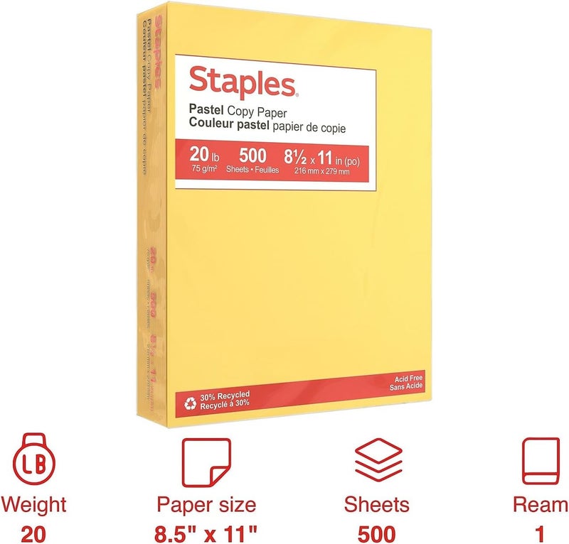 Staples 30% Recycled, 8.5 x 11 Inch, 20 lbs, 500-Sheets Pack, Canary - Image 2