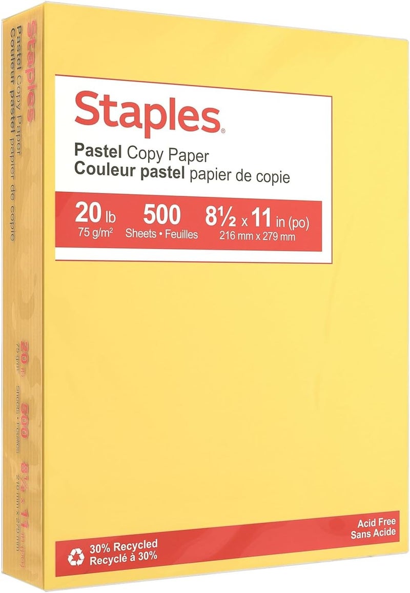 Staples 30% Recycled, 8.5 x 11 Inch, 20 lbs, 500-Sheets Pack, Canary - Image 1