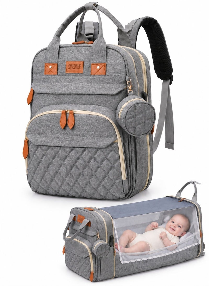 SQ Kids Grey Diaper Bag Backpack | 2-in-1 Foldable Crib & Changing Station | Multifunctional Travel Baby Bag with USB Charging Port | Water-Resistant Oxford - Image 1