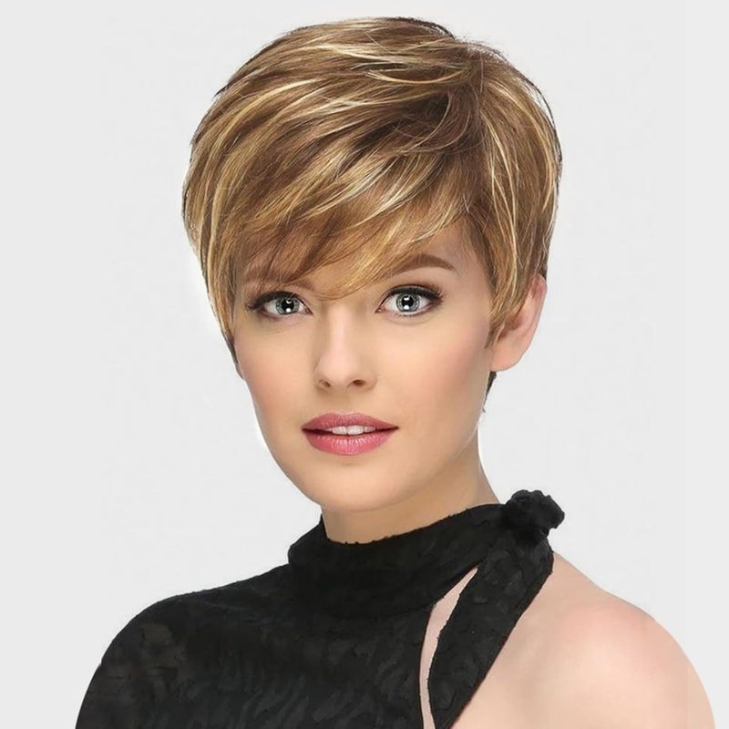 Creamily Short Brown Pixie Cut Wig for Women Short Hair Wigs with Bangs Mixed Blonde Highlight Layered Fluffy Synthetic Hair Replacement Wig Halloween Costumes Wigs