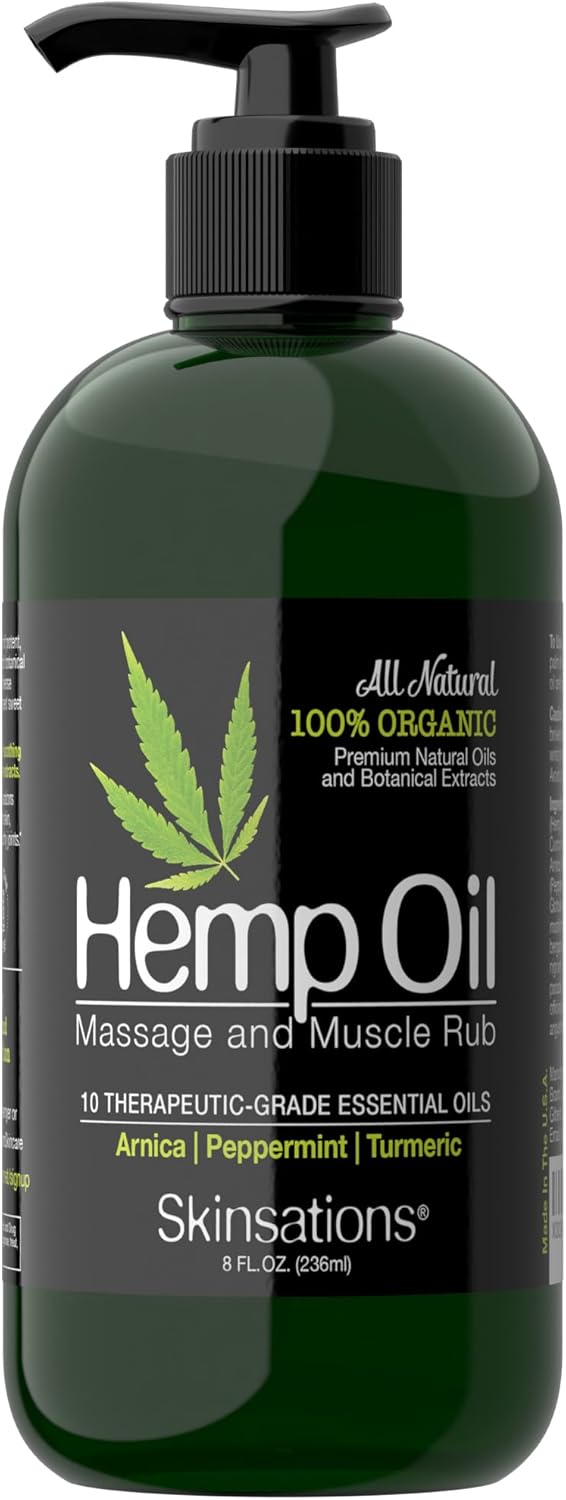 Skinsations  Hemp Massage Oil  Sore Muscle Rub  100 Organic 10 Essential Oils for Natural Relief Arnica Turmeric Peppermint Lavender in a Sweet Almond Oil and Hemp Seed Oil Base - Image 1