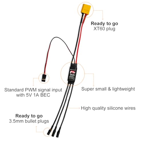 HAWK'S WORK Brushless ESC, 20A Brushless Motor Electric Speed Controller BEC 5V 1A with XT60 & 3.5mm Plugs, Super Light-Weight & Small - Image 2