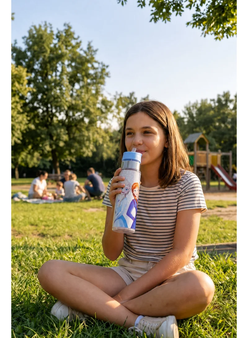 ديزني Disney Frozen Regular Water Bottle 650ml | Elsa & Anna Kids Plastic Water Bottle with Straw Lid | Leak-Resistant Reusable Drinking Bottle for School, Travel & Sports