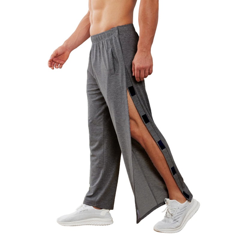 Deyeek Men's Tear Away Pants 2 Side Snap Open Bottom Sweatpants Loose Fit Casual Post Surgery Pants with Pockets Grey - Image 1