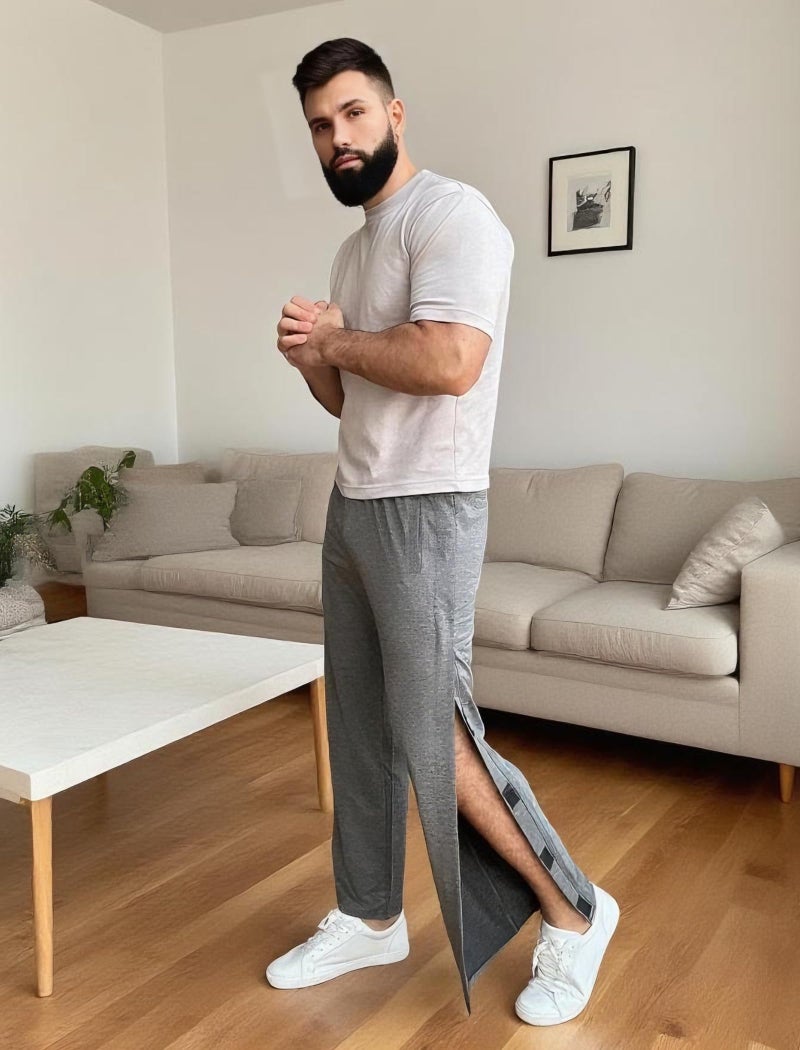 Deyeek Men's Tear Away Pants 2 Side Snap Open Bottom Sweatpants Loose Fit Casual Post Surgery Pants with Pockets Grey - Image 3