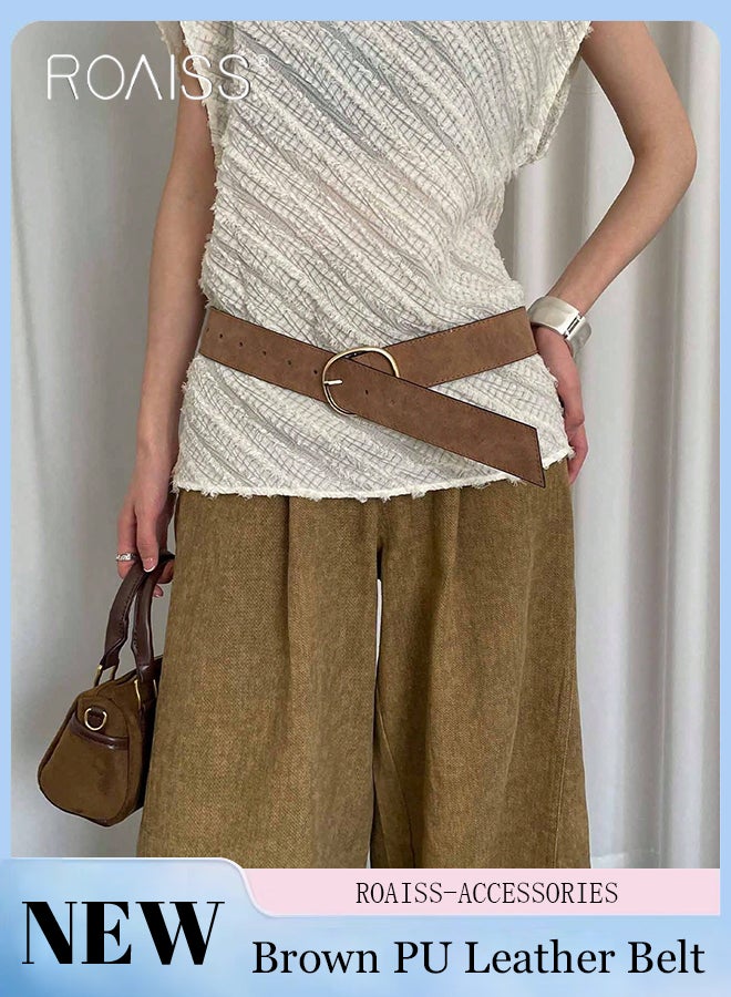 roaiss Women's Brown PU Leather Waist Belt, Simple Casual Gold Square Buckle Design Vintage Fashion Adjustable Waistband for Women Jeans, Sweaters, Suits, Dresses - Image 1