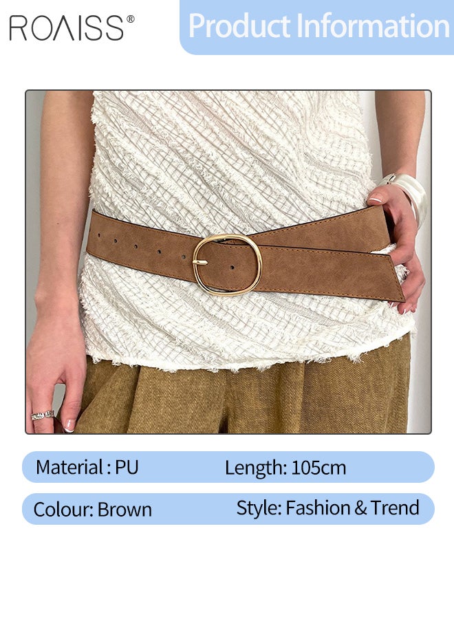 roaiss Women's Brown PU Leather Waist Belt, Simple Casual Gold Square Buckle Design Vintage Fashion Adjustable Waistband for Women Jeans, Sweaters, Suits, Dresses - Image 2
