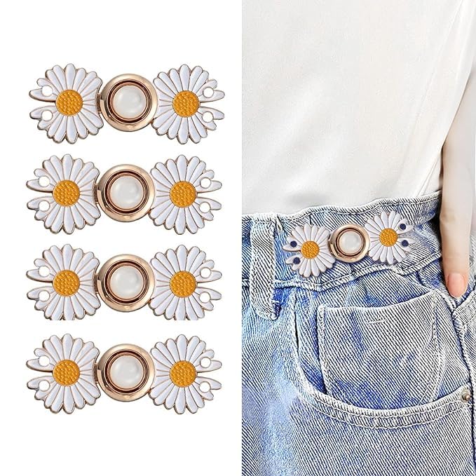 KUZUKI KUZUKI Waist Buckle for Loose Jeans Pants Jeans Adjustable Button pins Pearl Detachable Instant Button Tightener Set Waist Buckl Loose Jeans Pants Detachable Buttons Pack of 4 White Flower - Image 1