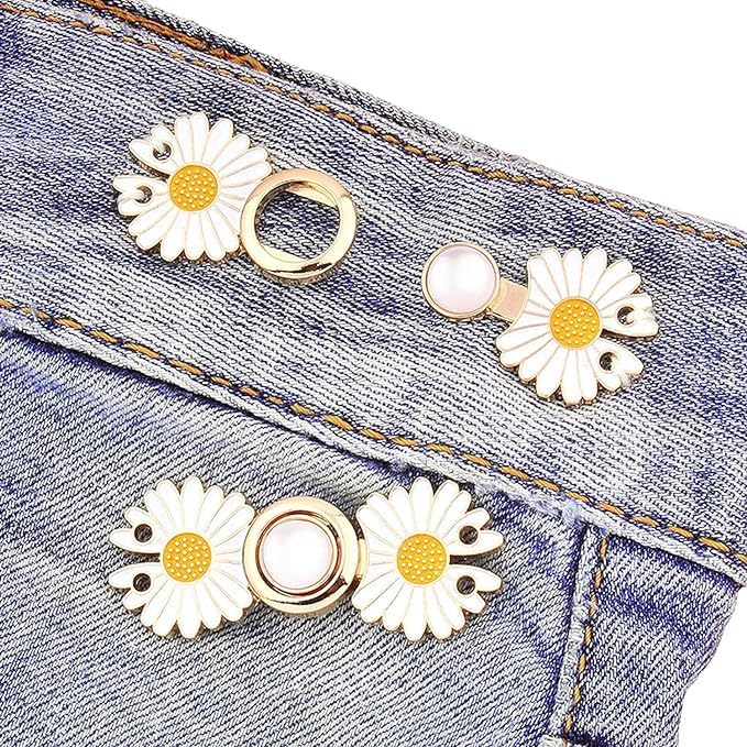 KUZUKI KUZUKI Waist Buckle for Loose Jeans Pants Jeans Adjustable Button pins Pearl Detachable Instant Button Tightener Set Waist Buckl Loose Jeans Pants Detachable Buttons Pack of 4 White Flower - Image 3