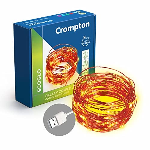 Crompton Galaxy Decoration Copper USB Powered String Fairy Lights with 100 Led Light (10 Meters / 32 Feet, Warm White, Pack of 1) - Image 1
