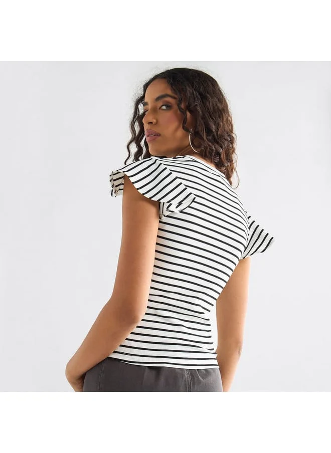 FAV Striped Top with Crew Neck and Flutter Sleeves