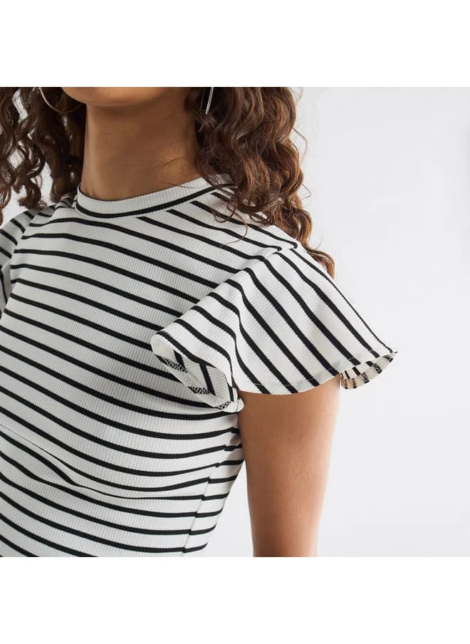 FAV Striped Top with Crew Neck and Flutter Sleeves