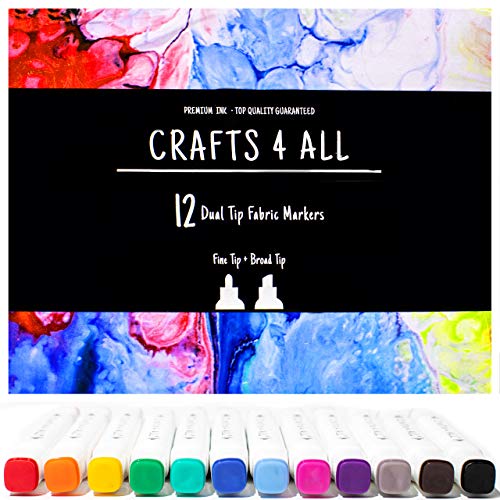 Crafts 4 All Fabric Markers for Clothes - Pack of 12 No Fade, Dual Tip Permanent Fabric Pens - No Bleed, Machine Washable Shoe Markers for Fabric Decorating - Laundry Marker, Erases Stains Easily - Image 1