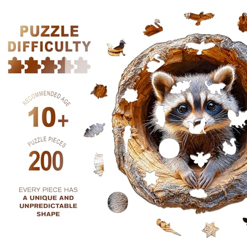Purdicra Wooden Jigsaw Puzzles Tree Hole Raccoon Wooden Puzzles for Adults with Unique Shape Adult Jigsaw Puzzle Birthday Gifts for Adults 114x11 200pcs - Image 5