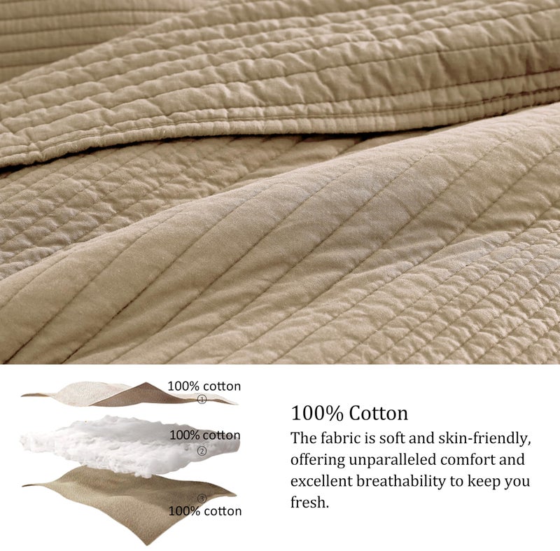 PALASSIO Striped Dark Beige 100% Cotton Quilt California Cal King Size Bedding Set, Oversized Lightweight Channel Pick Stitch Textured Bedspread Soft Farmhouse Country Coverlet for All Season, 2 Shams - Image 4