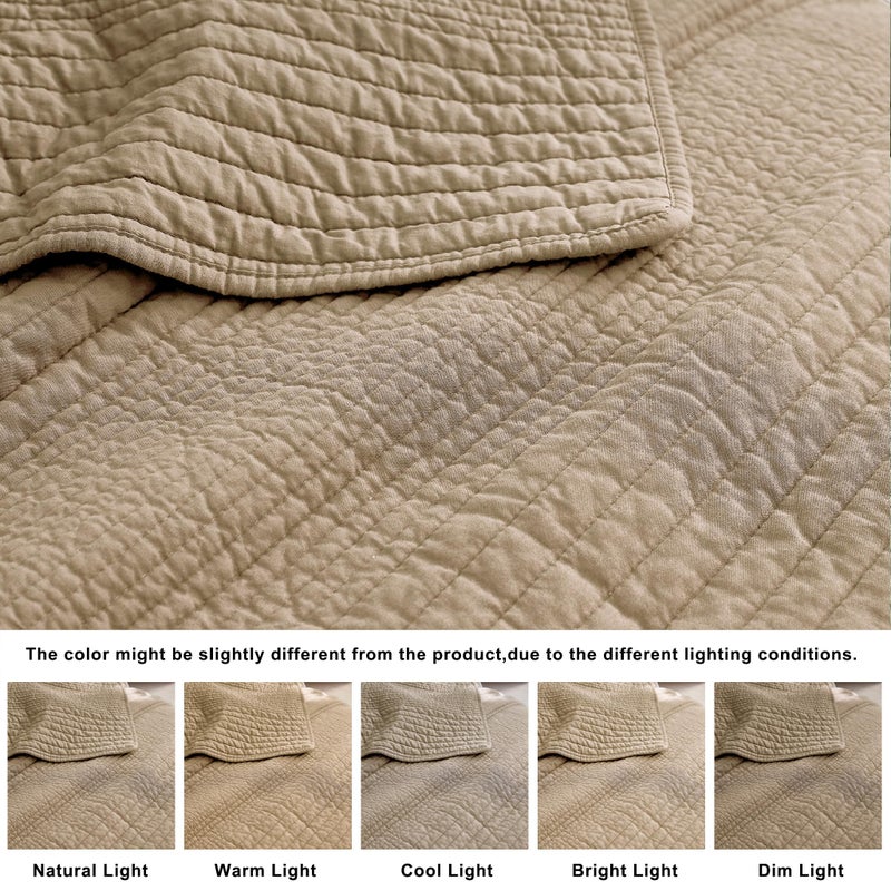 PALASSIO Striped Dark Beige 100% Cotton Quilt California Cal King Size Bedding Set, Oversized Lightweight Channel Pick Stitch Textured Bedspread Soft Farmhouse Country Coverlet for All Season, 2 Shams - Image 5