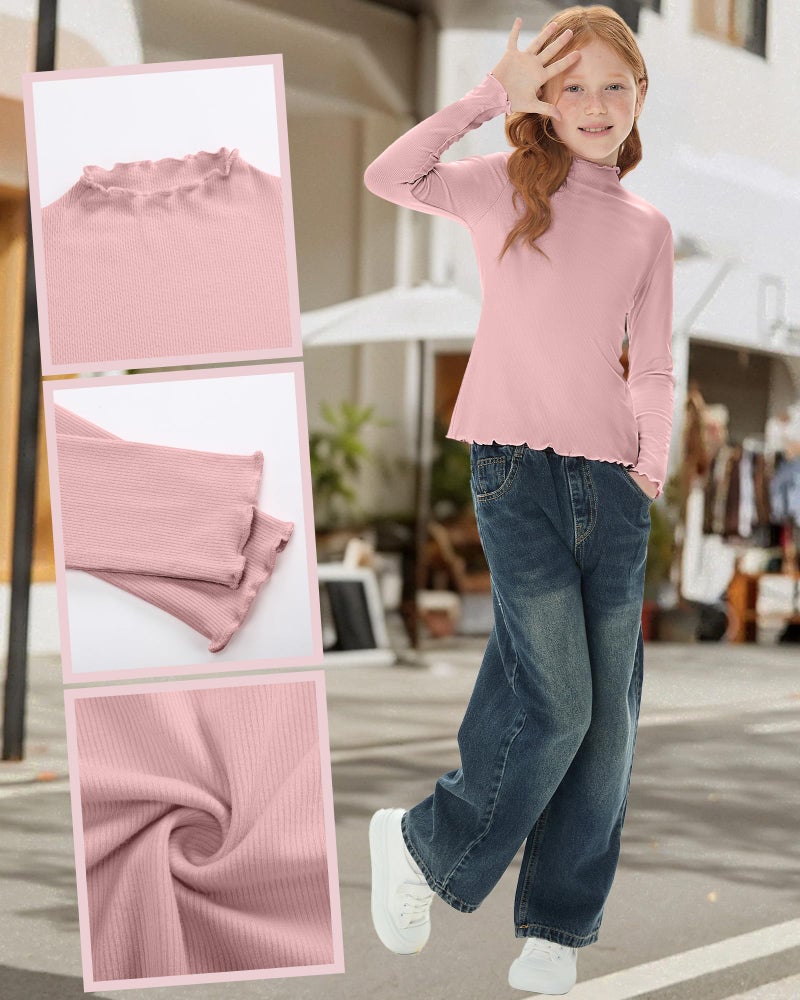 LessonZoo 3 Pack Girls Lettuce Trim Mock Neck Cotton Long Sleeve Shirts, 5-14 Years Ribbed Slim Tops Casual Layer Basic Tees(Light Pink, Light Gray, Light Green,7-8 Years) - Image 5