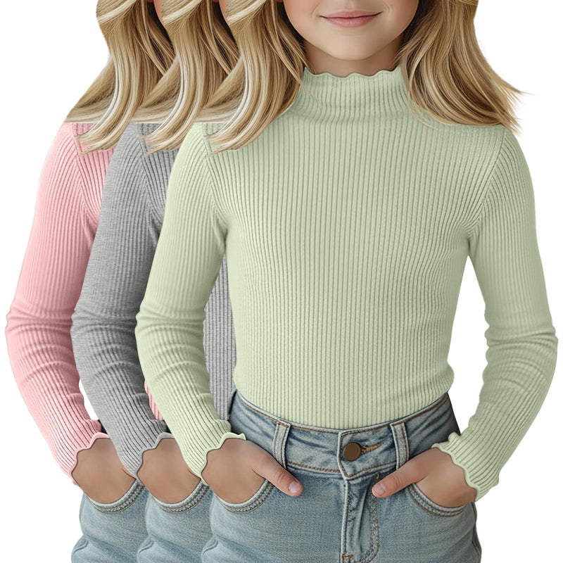LessonZoo 3 Pack Girls Lettuce Trim Mock Neck Cotton Long Sleeve Shirts, 5-14 Years Ribbed Slim Tops Casual Layer Basic Tees(Light Pink, Light Gray, Light Green,7-8 Years) - Image 1