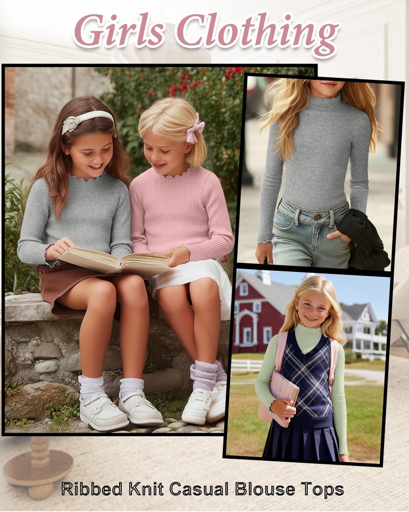 LessonZoo 3 Pack Girls Lettuce Trim Mock Neck Cotton Long Sleeve Shirts, 5-14 Years Ribbed Slim Tops Casual Layer Basic Tees(Light Pink, Light Gray, Light Green,7-8 Years) - Image 2