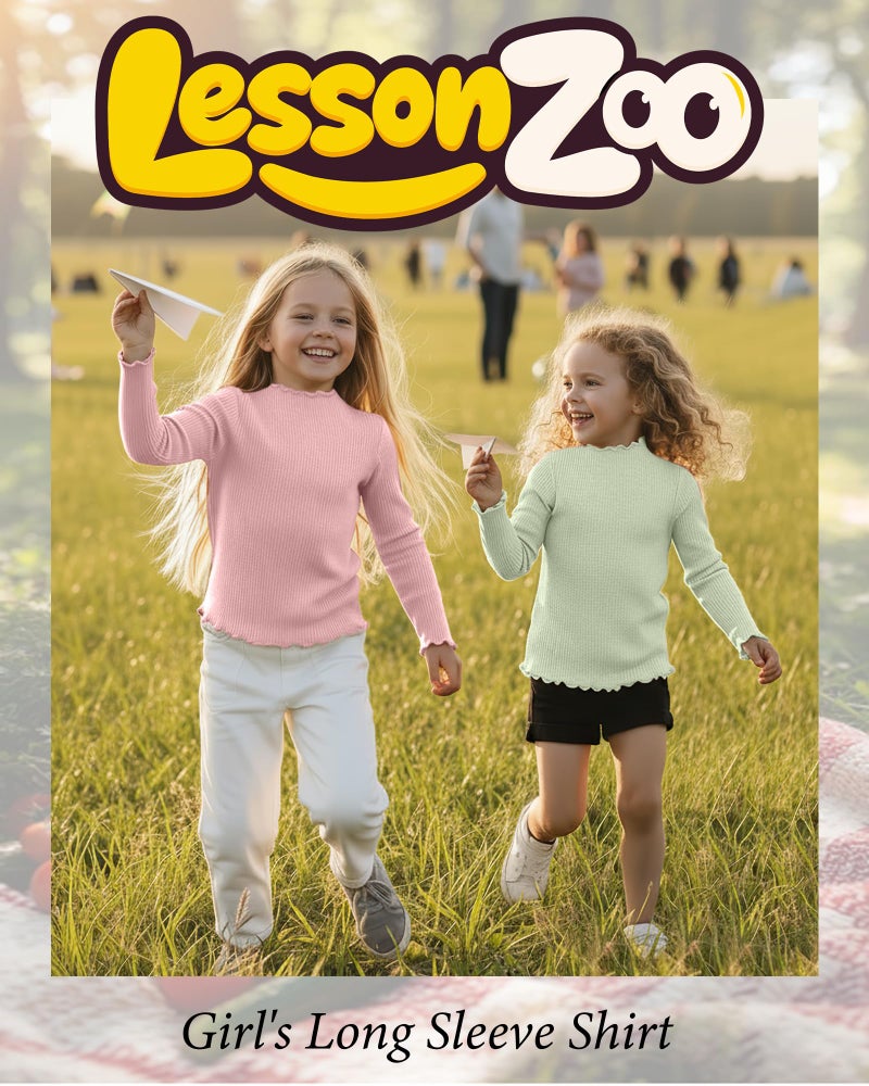LessonZoo 3 Pack Girls Lettuce Trim Mock Neck Cotton Long Sleeve Shirts, 5-14 Years Ribbed Slim Tops Casual Layer Basic Tees(Light Pink, Light Gray, Light Green,7-8 Years) - Image 3