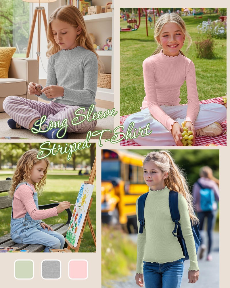 LessonZoo 3 Pack Girls Lettuce Trim Mock Neck Cotton Long Sleeve Shirts, 5-14 Years Ribbed Slim Tops Casual Layer Basic Tees(Light Pink, Light Gray, Light Green,7-8 Years) - Image 4