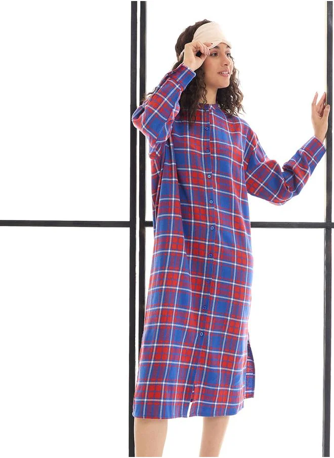 SASSAFRAS Checked Mandarin Collar Longline Shirt Dress