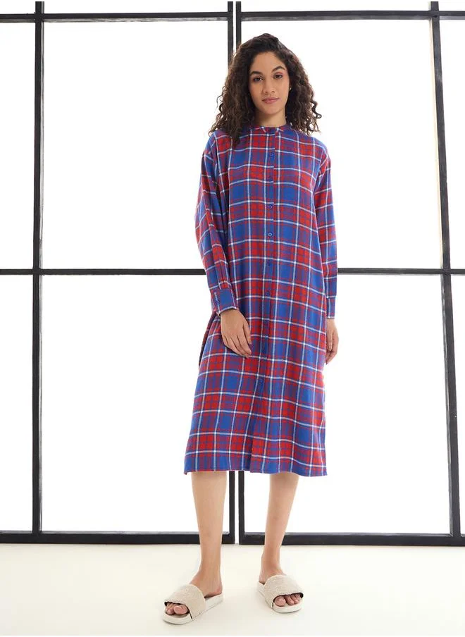 SASSAFRAS Checked Mandarin Collar Longline Shirt Dress