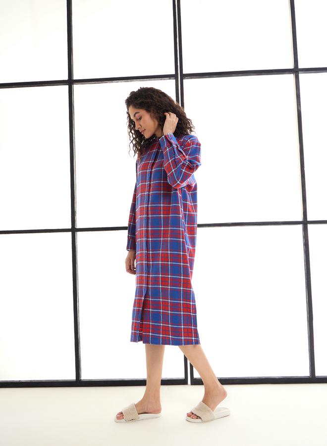 SASSAFRAS SASSAFRAS Checked Mandarin Collar Longline Shirt Dress  - Image 3