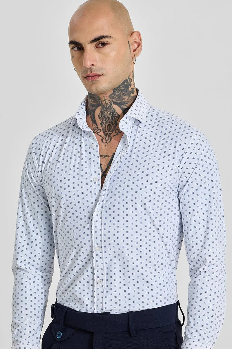 SNITCH White Geometric Long Sleeve Slim Fit Shirt