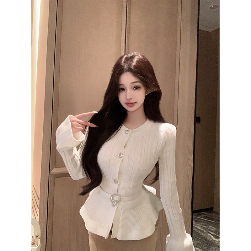 2024 Autumn and Winter New Design Sense Waisted Ruffled Diamond Buckle Knitted Cardigan Womens Slim-fit Short Sweater Coat White (comes with belt)