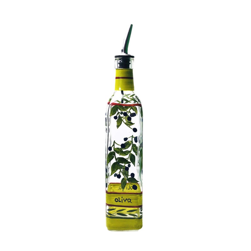 Containly Hand Painted Glass Oliva Branch Oil/Vinegar Glass Cruet for Kitchen, 8 oz Olive Oil Dispenser With Stainless Steel Spout for Easy Pouring