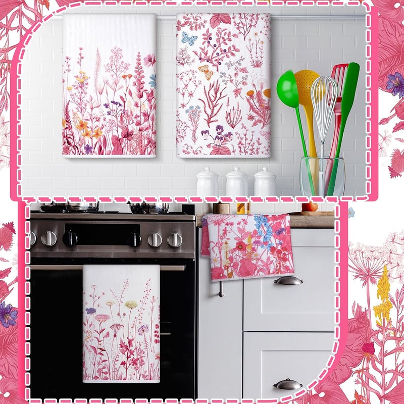 Bencailor 4 Pcs Wildflower Kitchen Towels, Pink and White Floral Daisy Hand Dish Cloths, Fast Drying Absorbent Decorative Wildflower Tea Towels, Housewarming Gift for Kitchen Cooking Baking Bathroom - Image 4