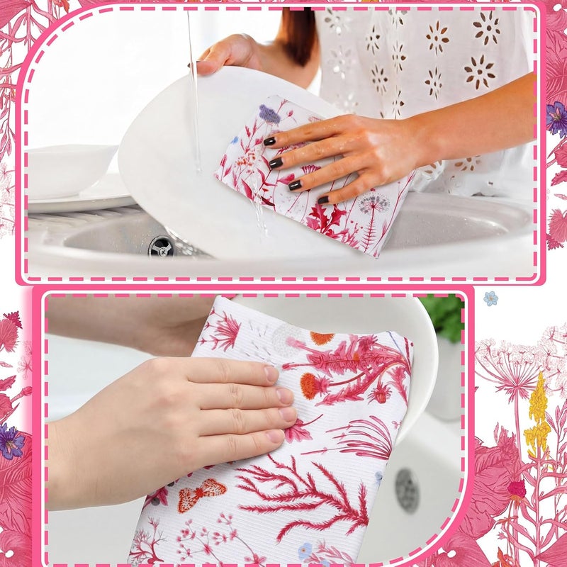 Bencailor 4 Pcs Wildflower Kitchen Towels, Pink and White Floral Daisy Hand Dish Cloths, Fast Drying Absorbent Decorative Wildflower Tea Towels, Housewarming Gift for Kitchen Cooking Baking Bathroom - Image 2