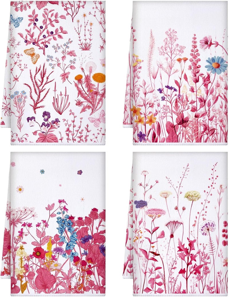 Bencailor 4 Pcs Wildflower Kitchen Towels, Pink and White Floral Daisy Hand Dish Cloths, Fast Drying Absorbent Decorative Wildflower Tea Towels, Housewarming Gift for Kitchen Cooking Baking Bathroom - Image 1