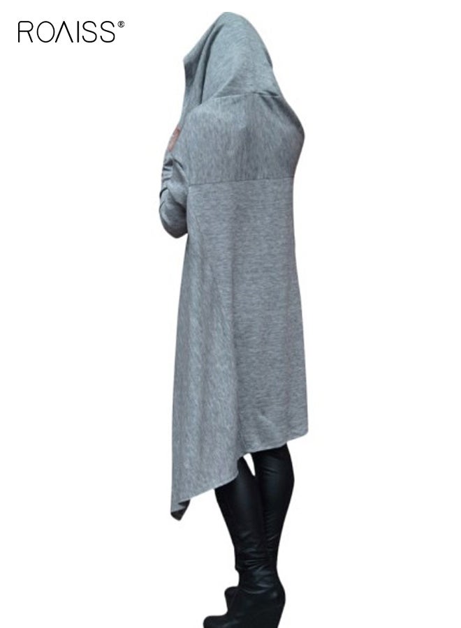 roaiss Elegant Plus Size Women's Hooded Sweatshirt with Pockets Soft Stretchy Fabric, Long Sleeve Casual Hoodie with Asymmetrical Hem, Solid Color Top for Casual Wear - Image 2