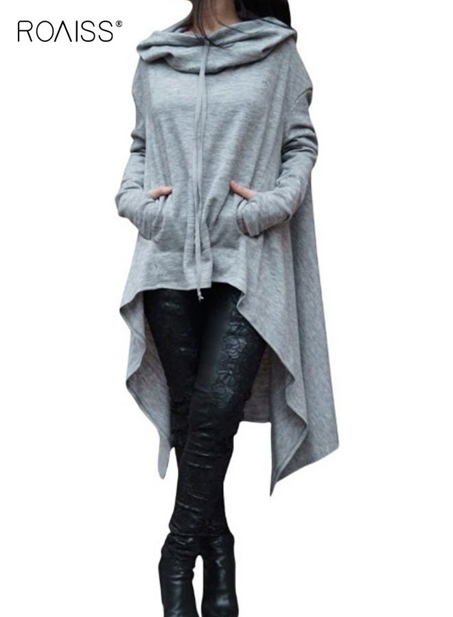 roaiss Elegant Plus Size Women's Hooded Sweatshirt with Pockets Soft Stretchy Fabric, Long Sleeve Casual Hoodie with Asymmetrical Hem, Solid Color Top for Casual Wear - Image 1