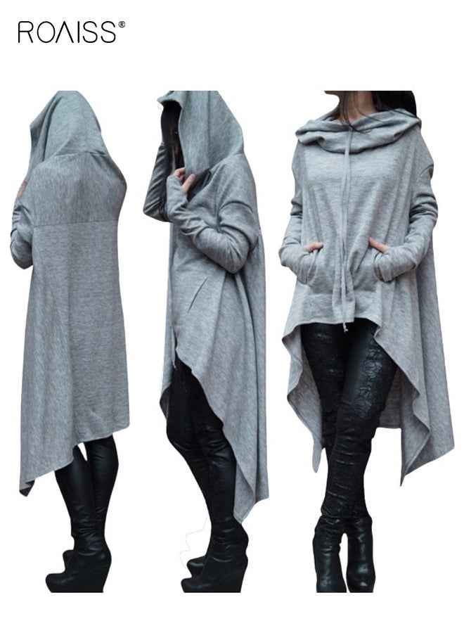roaiss Elegant Plus Size Women's Hooded Sweatshirt with Pockets Soft Stretchy Fabric, Long Sleeve Casual Hoodie with Asymmetrical Hem, Solid Color Top for Casual Wear - Image 3