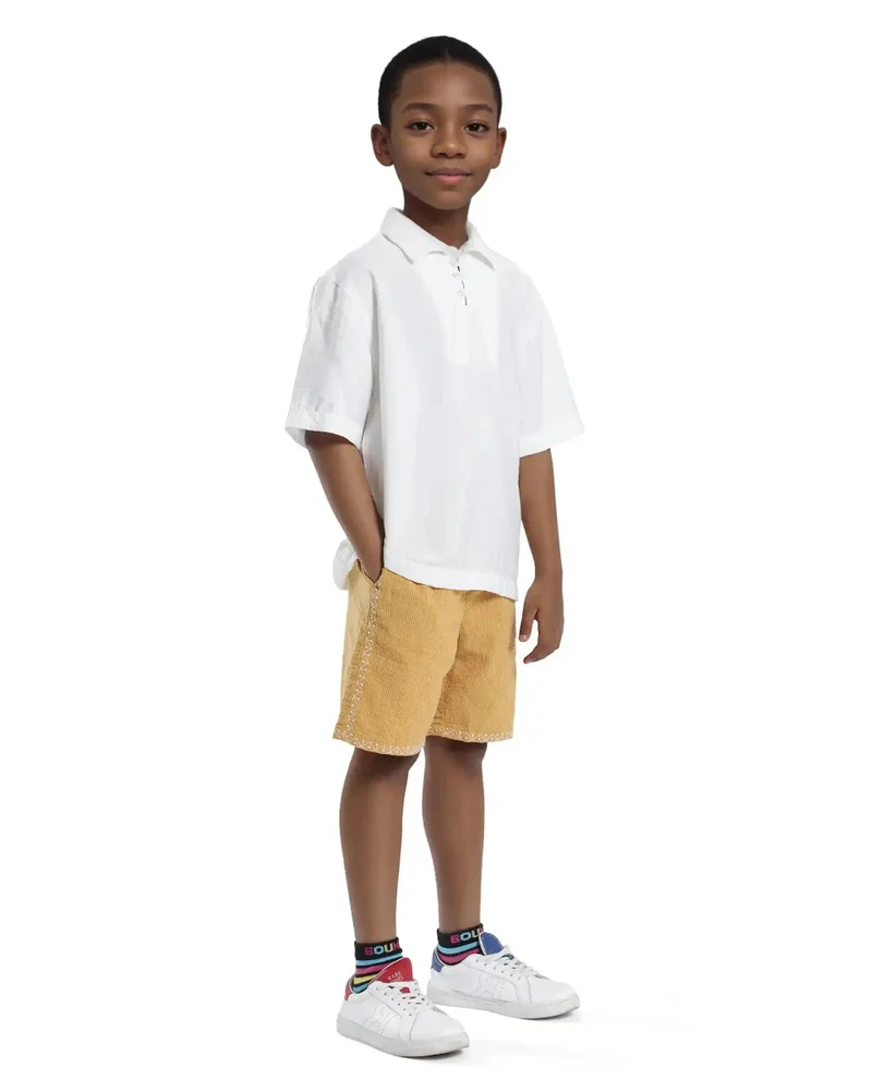 رير ونز Rare Ones Kids Mixo-B Yellow Cotton Fabric Drawstring Closure Regular Fit Shorts