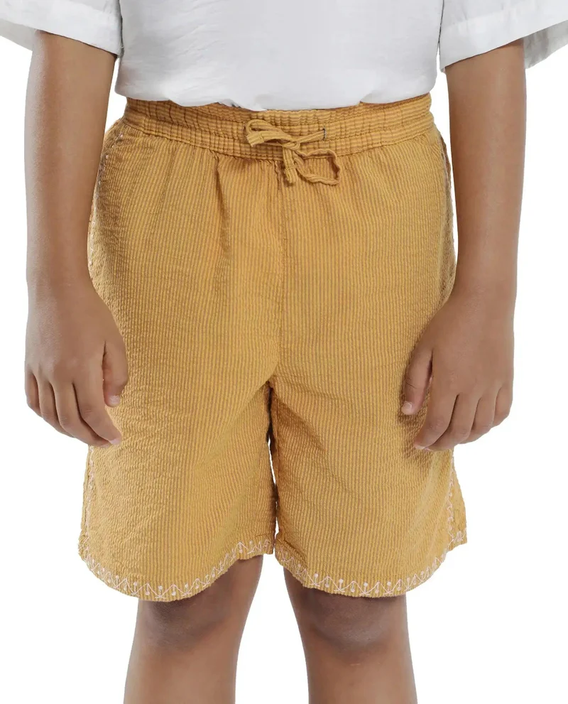 Rare Ones Rare Ones Kids Mixo-B Yellow Cotton Fabric Drawstring Closure Regular Fit Shorts