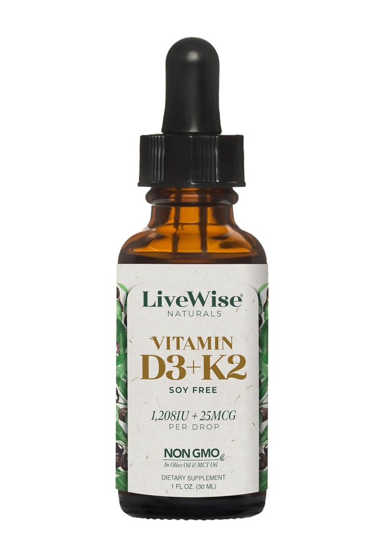 Live Wise Naturals - Vitamin D3 With K2 Liquid Drops, All Natural, Non-gmo, 1208iu D3 And 25mcg K2 (Mk7) Per Serving - Image 1