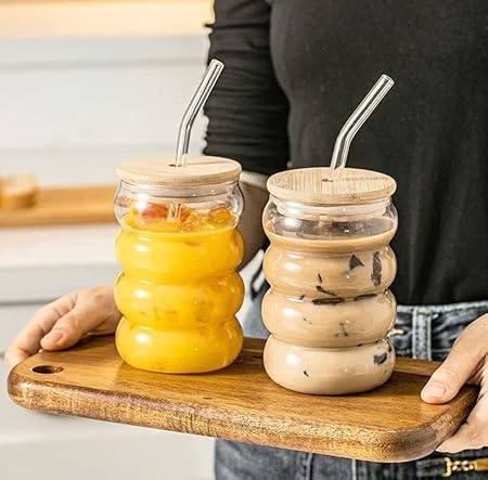 VIBRAL Wave Drinking Glasses Tumbler with Bamboo Lid and Glass Straw Pack of 1 500ml Reusable Coffee Sipper Mug for Juice Cocktail Iced Tea Hot Cold Drink Cup Wave - Image 1