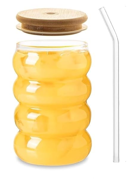 VIBRAL Wave Drinking Glasses Tumbler with Bamboo Lid and Glass Straw Pack of 1 500ml Reusable Coffee Sipper Mug for Juice Cocktail Iced Tea Hot Cold Drink Cup Wave - Image 4