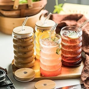 VIBRAL Wave Drinking Glasses Tumbler with Bamboo Lid and Glass Straw Pack of 1 500ml Reusable Coffee Sipper Mug for Juice Cocktail Iced Tea Hot Cold Drink Cup Wave - Image 2
