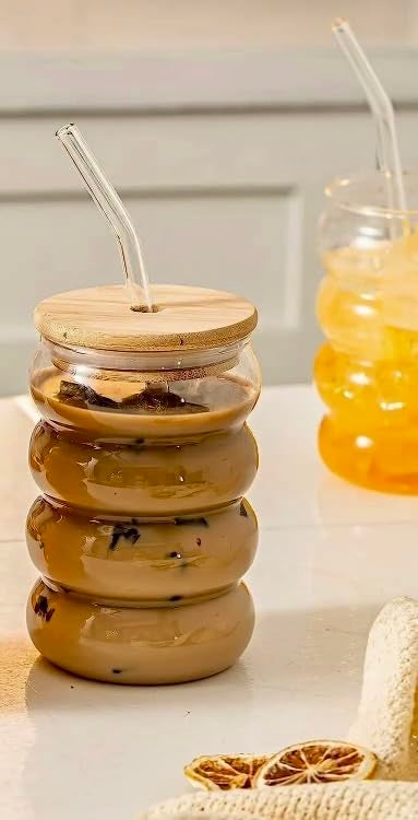 VIBRAL Wave Drinking Glasses Tumbler with Bamboo Lid and Glass Straw Pack of 1 500ml Reusable Coffee Sipper Mug for Juice Cocktail Iced Tea Hot Cold Drink Cup Wave - Image 3