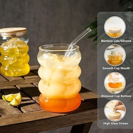 VIBRAL Wave Drinking Glasses Tumbler with Bamboo Lid and Glass Straw Pack of 1 500ml Reusable Coffee Sipper Mug for Juice Cocktail Iced Tea Hot Cold Drink Cup Wave - Image 5