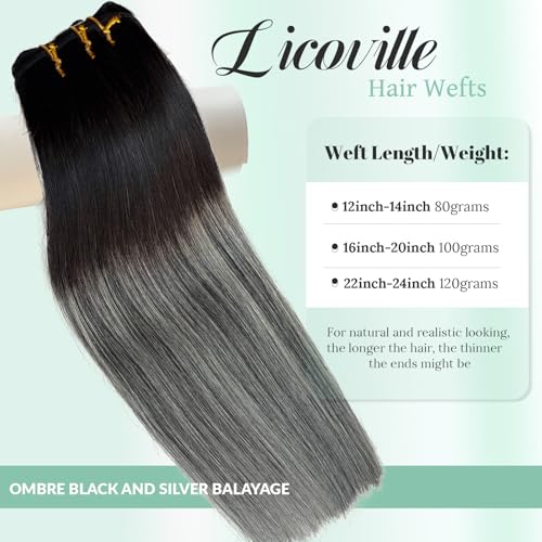 Licoville Silver Black Hair Extensions Weft Sew in Human Hair Extensions 14 Inch 80G Full Head Highlight Silver Grey Bundles Straight Natural Black to Silver Ombre Weft Hair Extensions Human Hair - Image 3